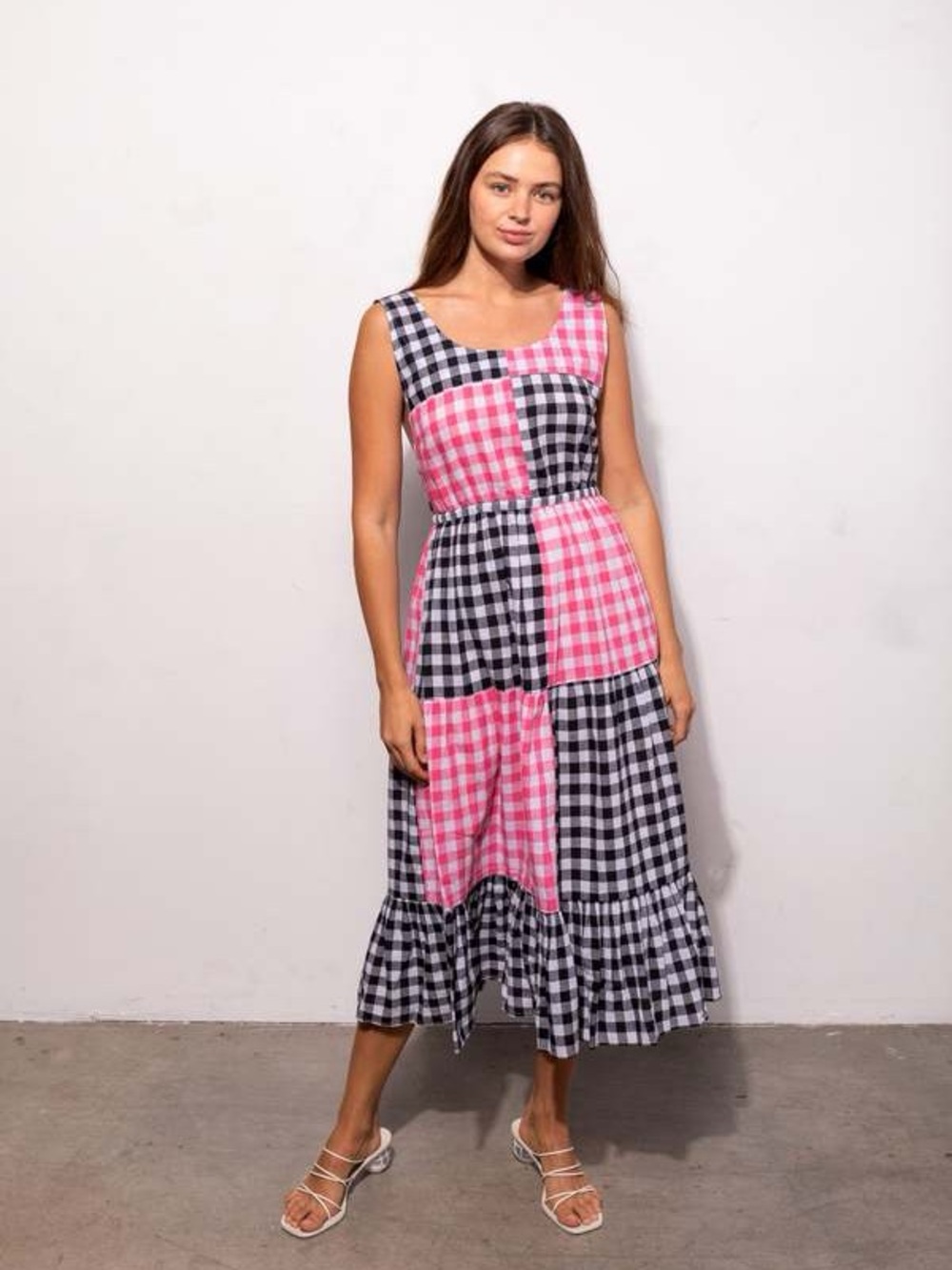 Rujuta Sheth Gema Backless Tiered Halter Dress in Black/Rose Chex - Picture 3 of 5